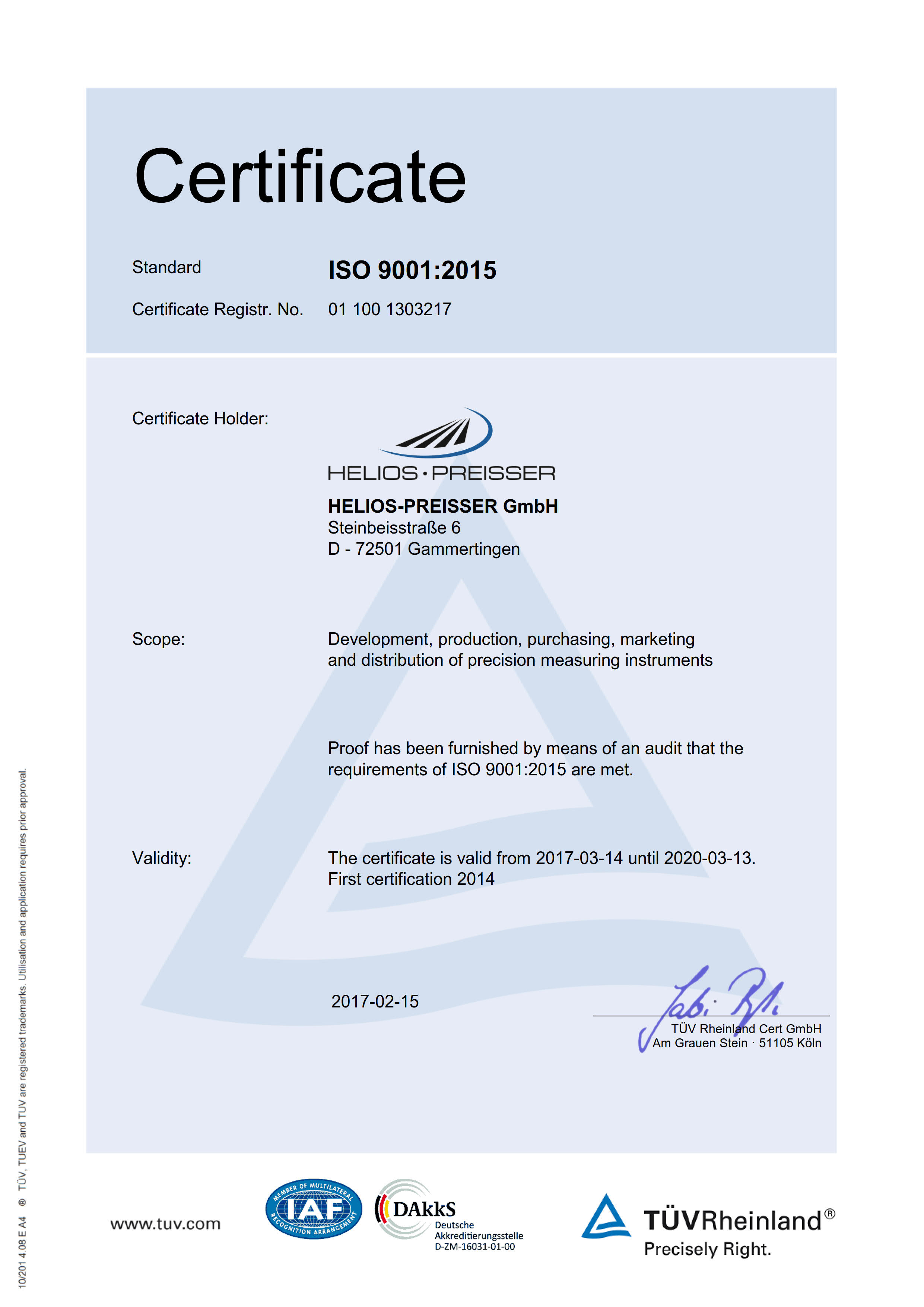 Сертифікат Helios-Preisser ISO9001 EN